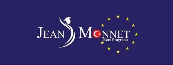 Jean Monnet Burs Programı logosu ve içerisinde yer alan Türkiye ile Avrupa Birliği bayrakları