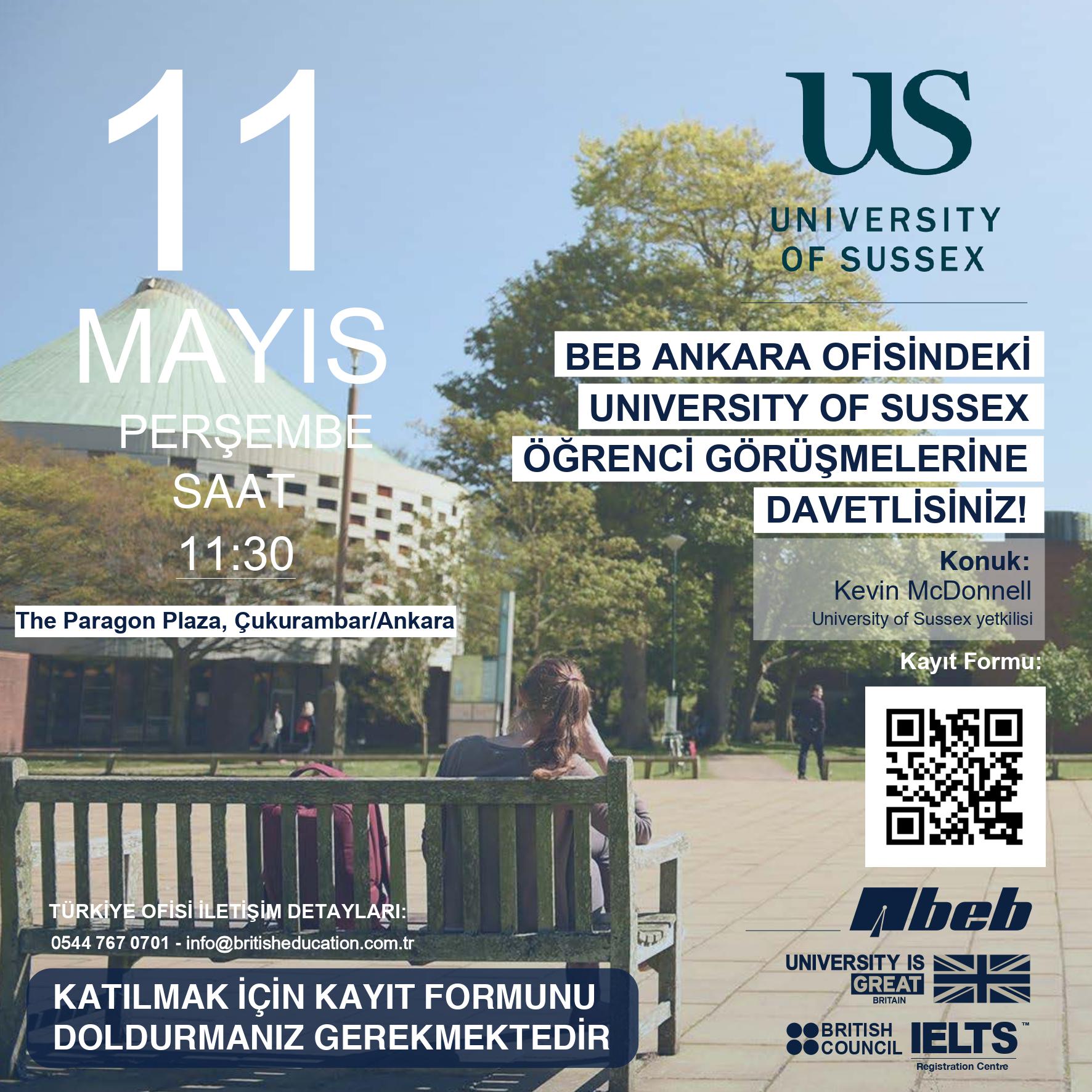 Dünyanın en iyi 20 İngiltere Üniversitesinden biri olan University of Sussex'in BEB Ankara Ofisinde öğrencilerle bire bir görüşmeler gerçekleştireceği aktivitenin davetiye görseli ve görsel içerisinde yer alan Üniversite kampüsü ile öğrenciler