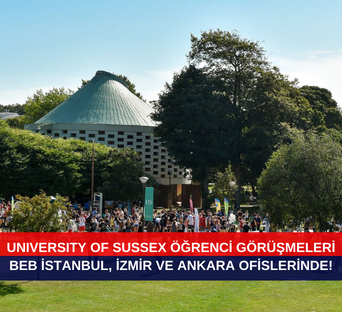 Dünyanın en iyi 25 İngiltere Üniversitesinden biri olan University of Sussex'ten Üniversite yetkilisi ile BEB İstanbul, İzmir ve Ankara ofislerinde gerçekleştirilecek öğrenci görüşmelerini tanıtan görsel