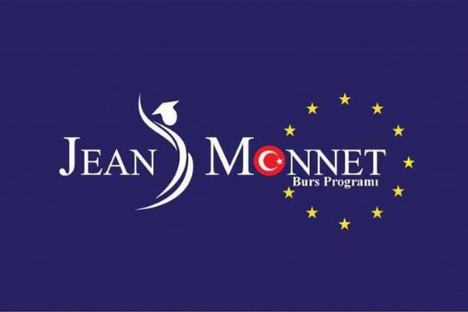 Lacivert arka fon üzerinde Jean Monnet Burs Programı resmi logosu