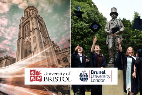 İngiltere'nin önde gelen 2 Üniversitesi University of Bristol ve Brunel University London'a ait kampüslerde çekilmiş görseller ve okulların logoları
