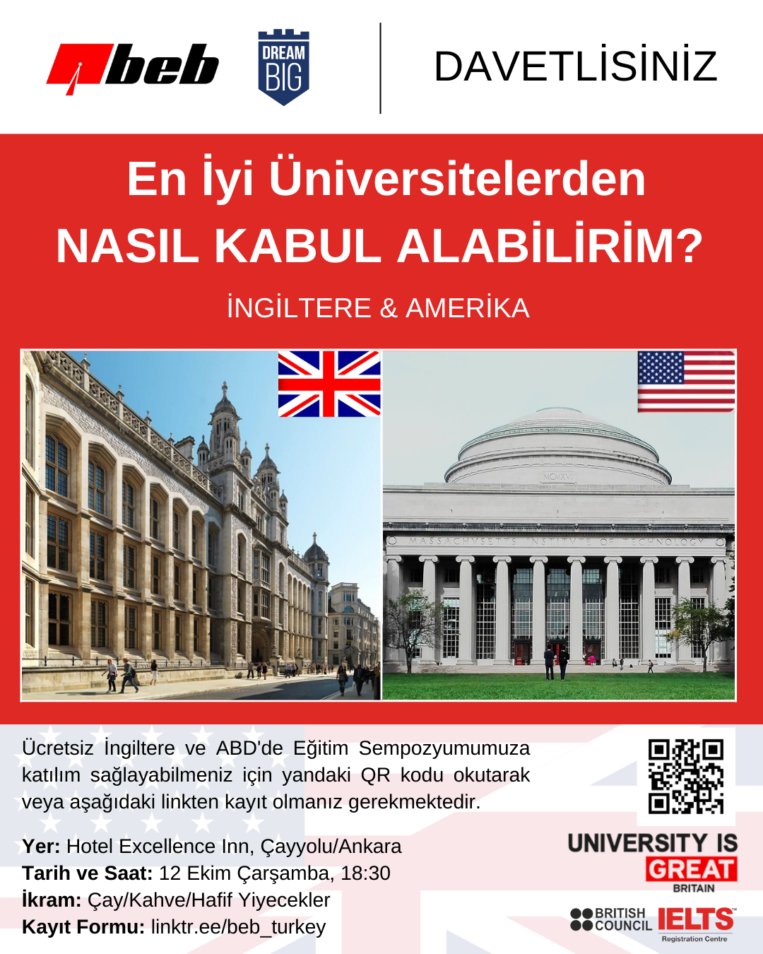 İngiltere ve Amerika'da Üniversite Eğitimi Sempozyumu'na ait davetiye görseli ve görselde yer alan Birleşik Krallık ve ABD'deki önemli Üniversitelerin kampüsleri ile bu ülkelere ait bayraklar