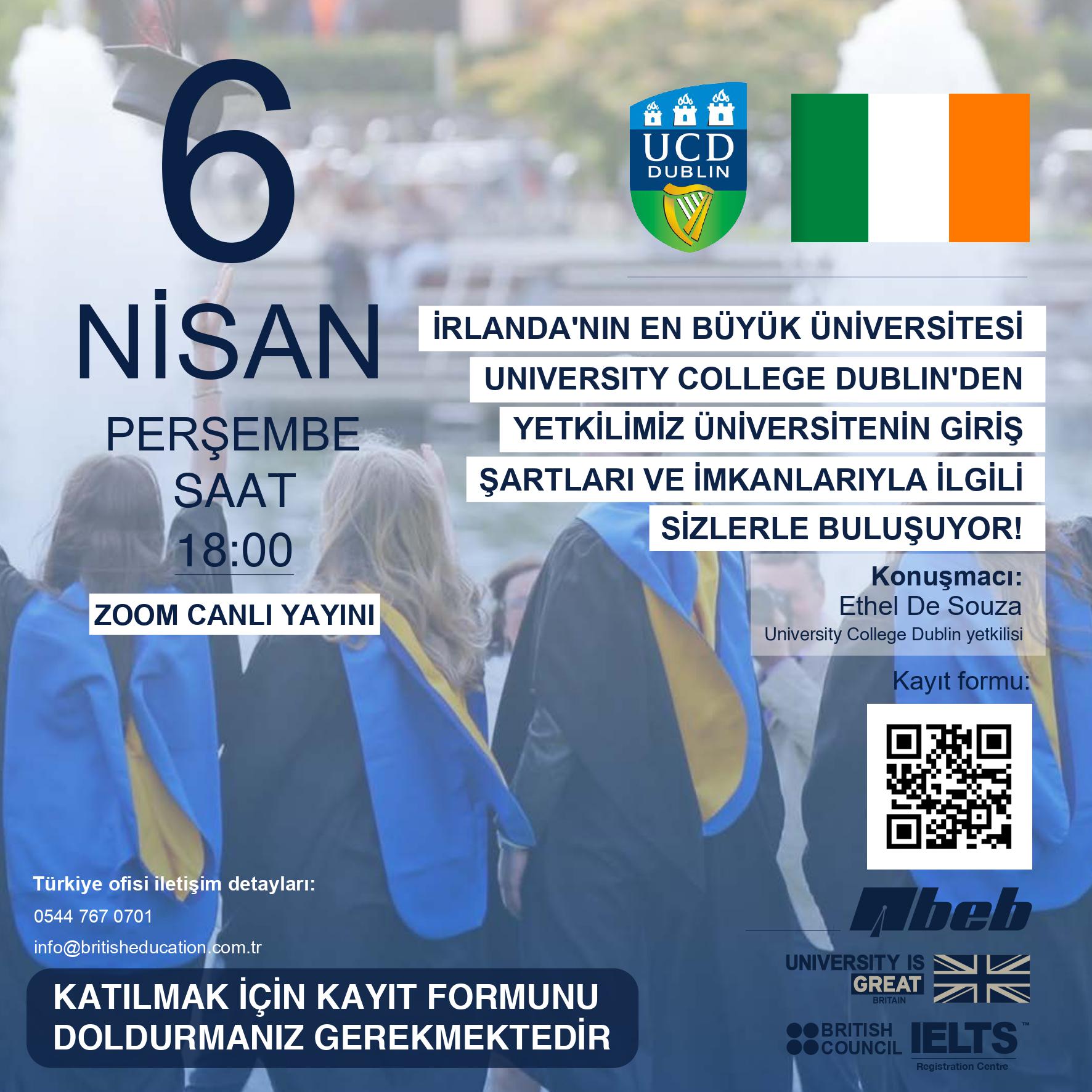 Dünyanın en iyi 2 İrlanda Üniversitesinden biri konumundaki University College Dublin hakkında düzenlenecek webinar yayınının davetiyesi ve davetiye görselinde yer alan etkinlik detayları ile Üniversitenin mezun öğrencileri