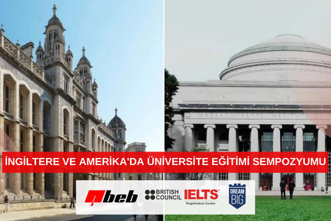 İngiltere ve Amerika'da Üniversite Eğitimi Sempozyumu'nun tanıtım görseli ve görselde yer alan her iki ülkenin önde gelen Üniversitelerine ait kampüs görselleri ile etkinliği organize eden kurumların logoları