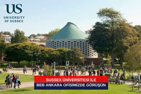 Türk öğrencilere özel burs destekleri bulunan ve kampüsü İngiltere'nin en mutlu öğrenci şehri Brighton'da konumlanan University of Sussex'ten Üniversite yetkilisinin BEB Ankara ofisinde gerçekleştirdiği öğrenci görüşmelerine ait davetiye görseli