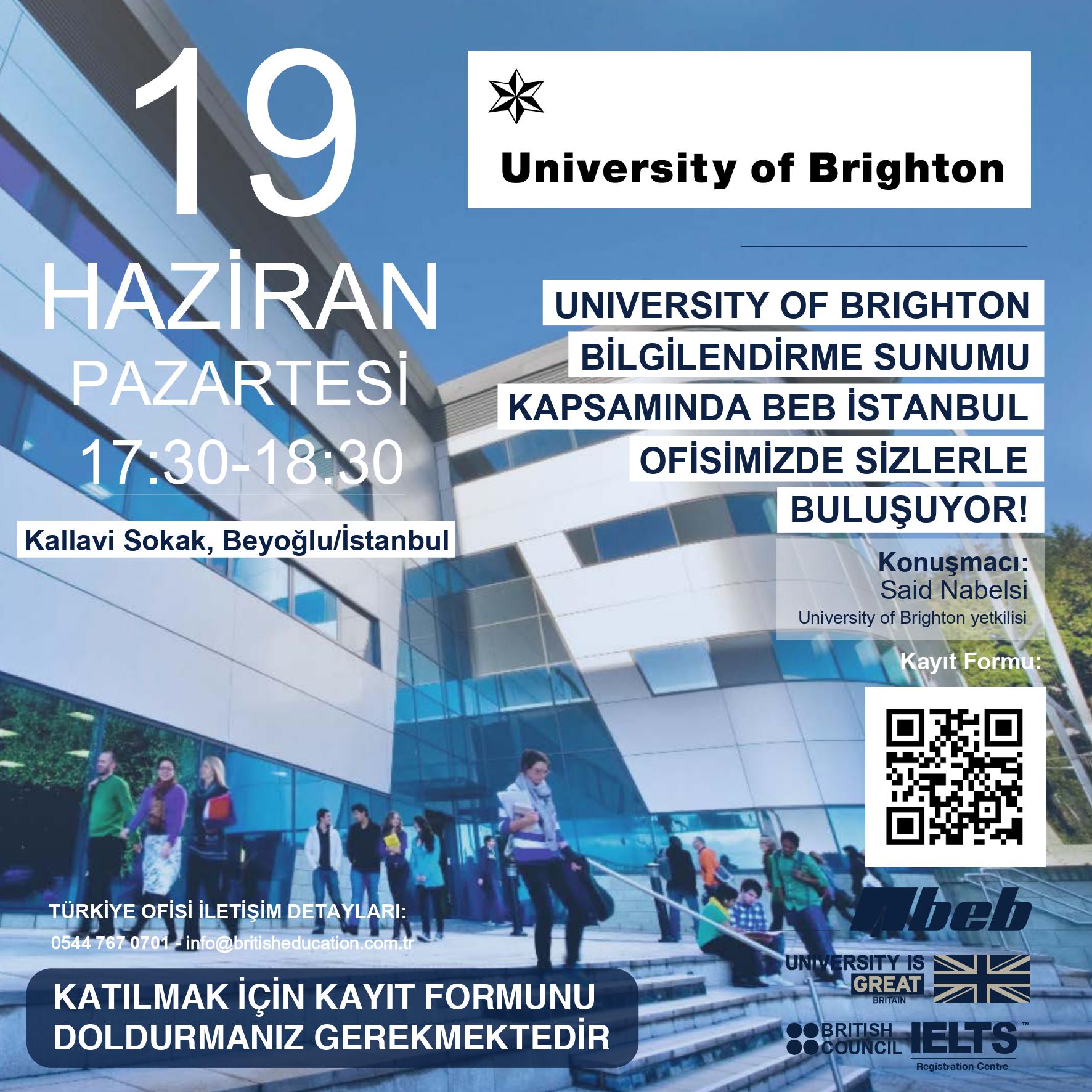 Pratik temelli eğitim modelleri uygulamasıyla ön plana çıkan University of Brighton hakkında gerçekleştirilecek bilgilendirme sunumunun davetiye görseli